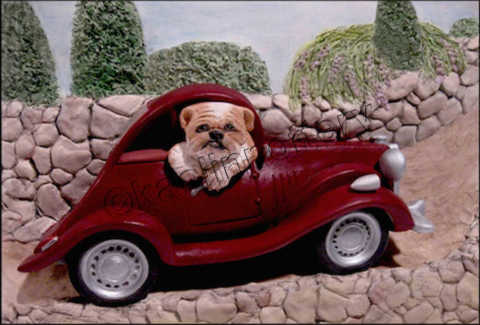Kaolin Pottery Gt. Barrington, MA ceramic art gallery bulldog in classic car