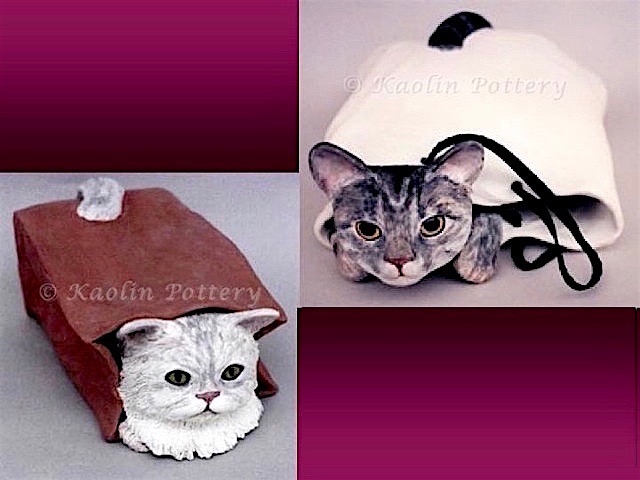 Kaolin Pottery Gt. Barrington, MA ceramic art gallery clay pet cat in paper bag