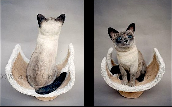 Kaolin Pottery in Gt. Barrington,Ma clay sculpture siamese cat on perch, 2 views